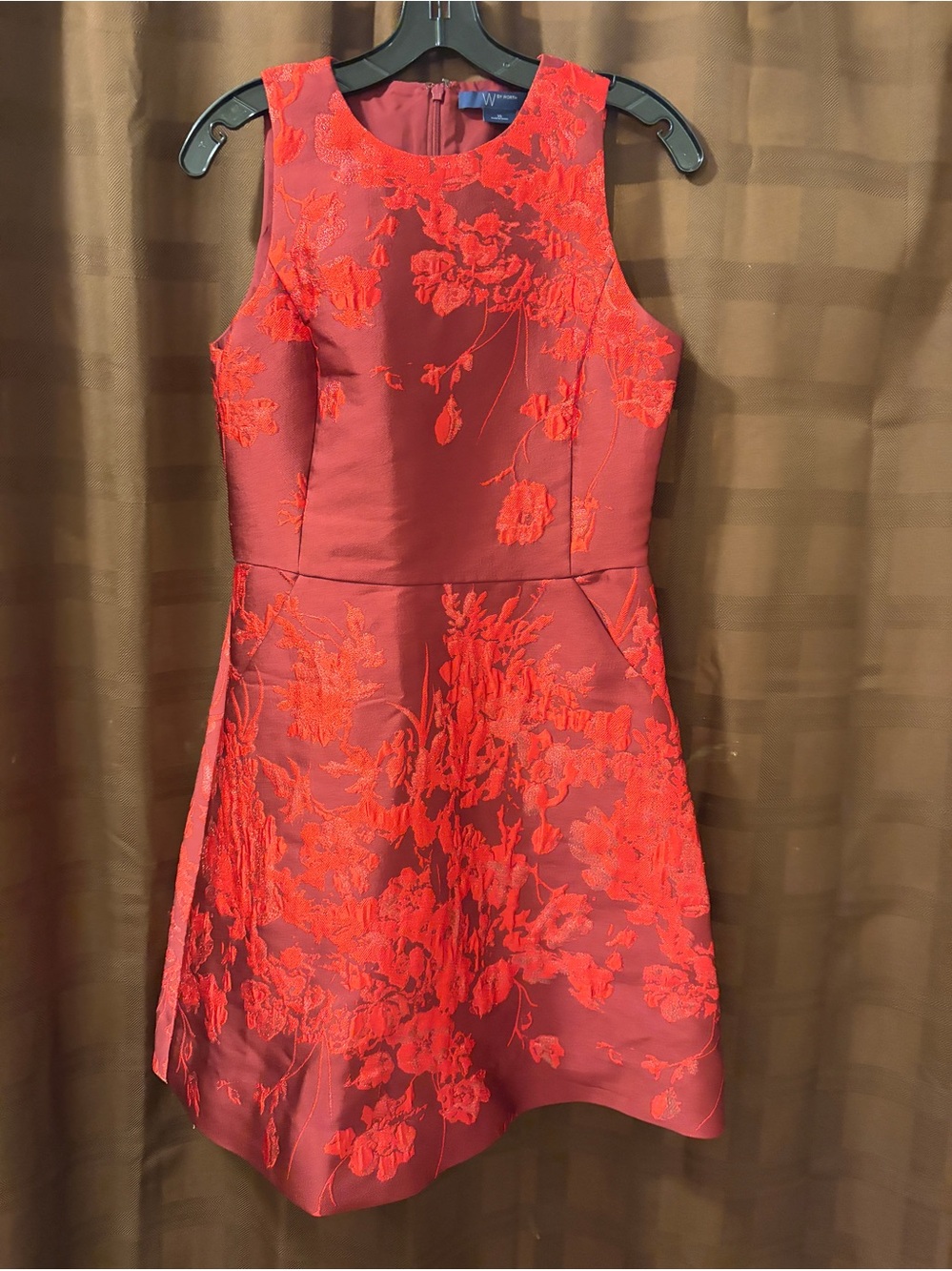 W by Worth V Neck Fit & Flare Red Brocade Dress size medium